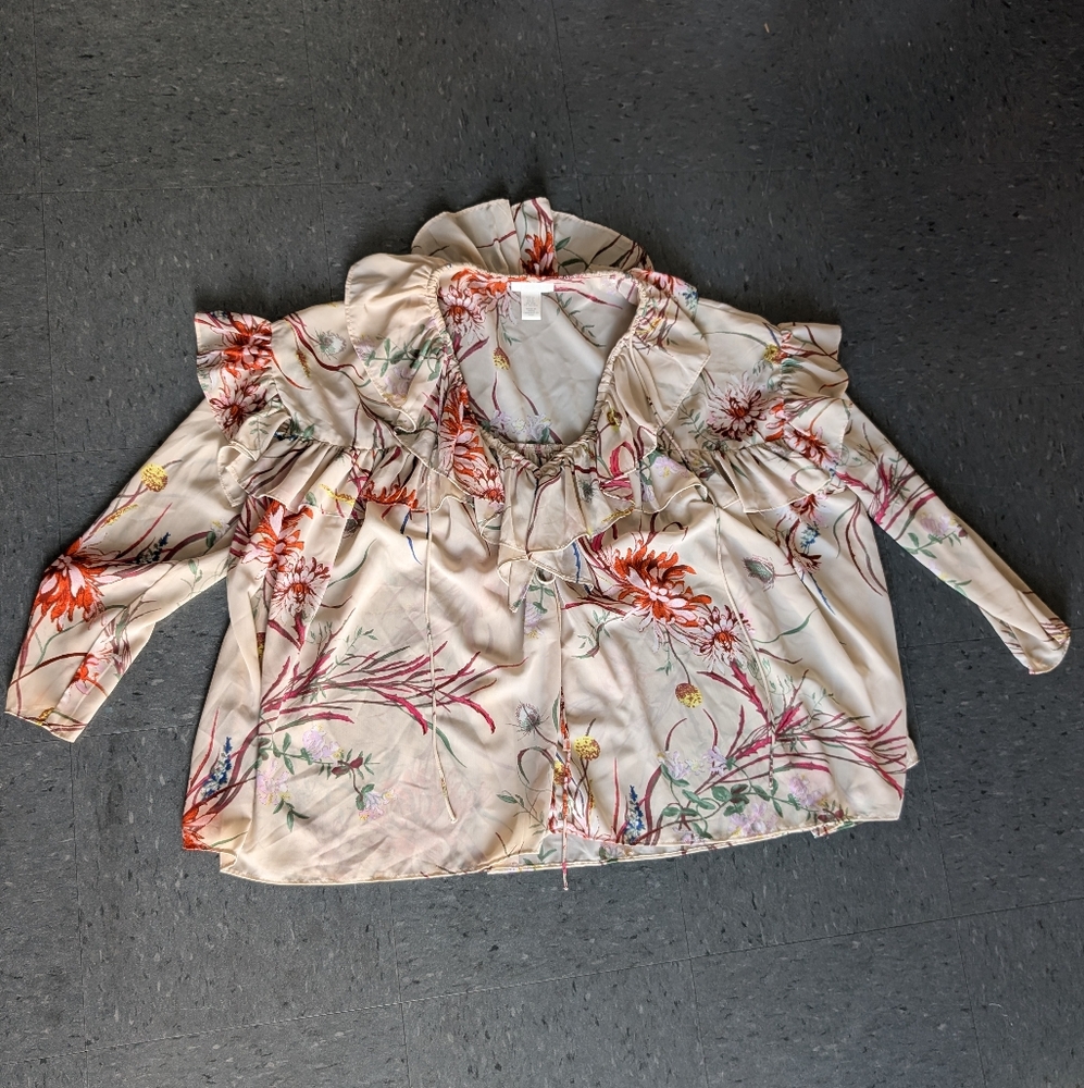 H&M Blouse Womens Size XS Flounce Trimmed Chiffon Floral Print Multicolor